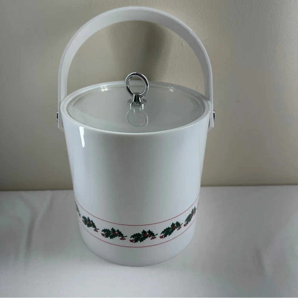 Vintage Libbey Holly Berry Ice Bucket 3 Qt Christmas Holiday Barware MCM White